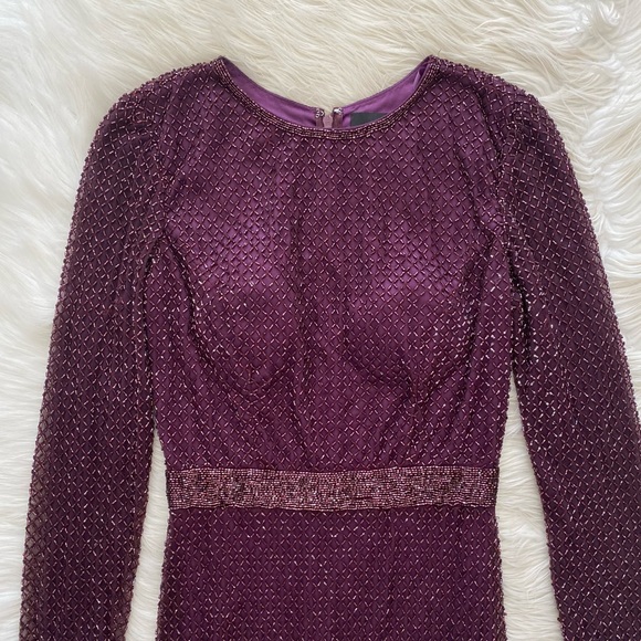 Mac Duggal Purple Plum Lattice Beaded Long Sleeve Modest Formal Midi Dress - Picture 3 of 16